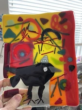 “Choose Joy”Fused Art Glass With Crow Handmade Rectangular Tray 8”x6”Original
