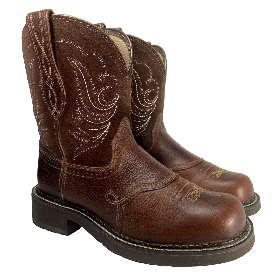 Ariat Fatbaby Boots 7B Women Brown Leather Square Toe Western Cowgirl Pull On - Image 2 of 4