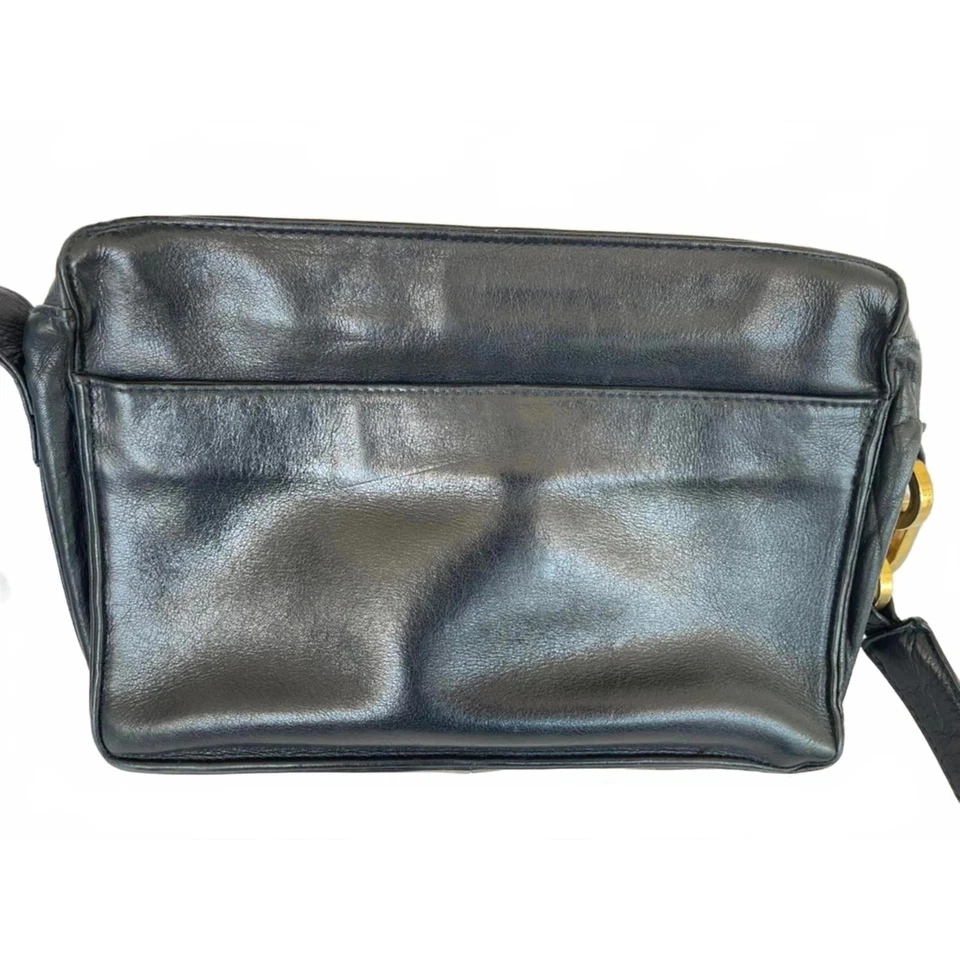 Bolso Bandolera Vintage Años 80 Perlina Cuero Azul Marino Anillos de Latón Dinero Antiguo Retro Elegante Foto 3 de 4