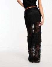 ASOS DESIGN spliced textured lace maxi skirt black sheer panels size UK12-14 M