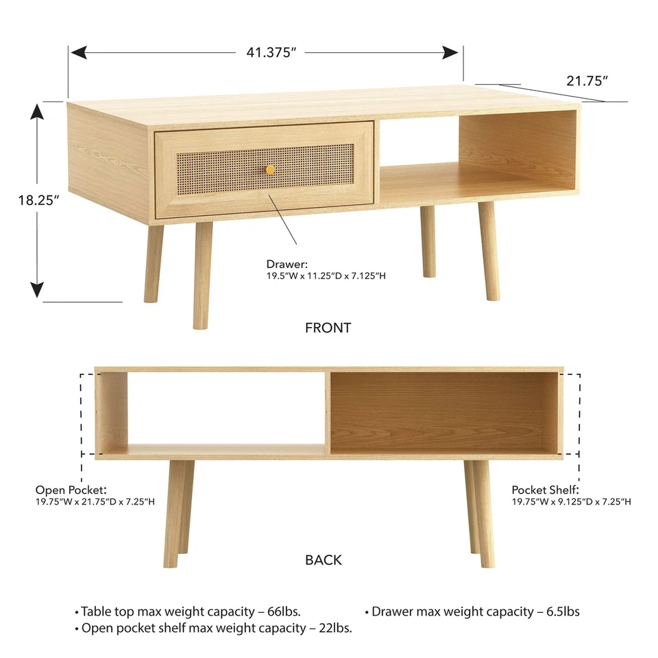 Cajón y estante de almacenamiento natural Loft & Luv Remy Boho Mid-Century, acabado rata... Foto 3 de 4
