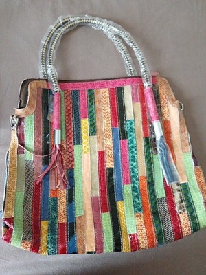 Women s Multicolor Striped Patchwork Tote Bag, Zip Top, Tassel, Strap