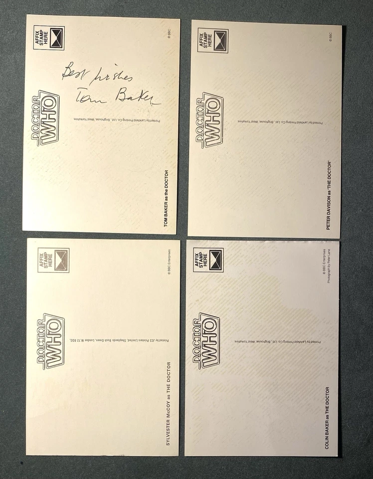 Doctor Dr Who 4 X Original BBC Postcards Signed Tom Baker Peter Davison Auto - Image 2 of 2