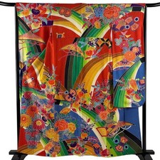 Woman Japanese Kimono Furisode Silk Flower vase Vermilion 159cm