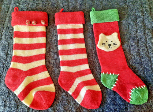 3 Anthropologie? Christmas Stockings Knit Wool Cat, Red & White Stripes