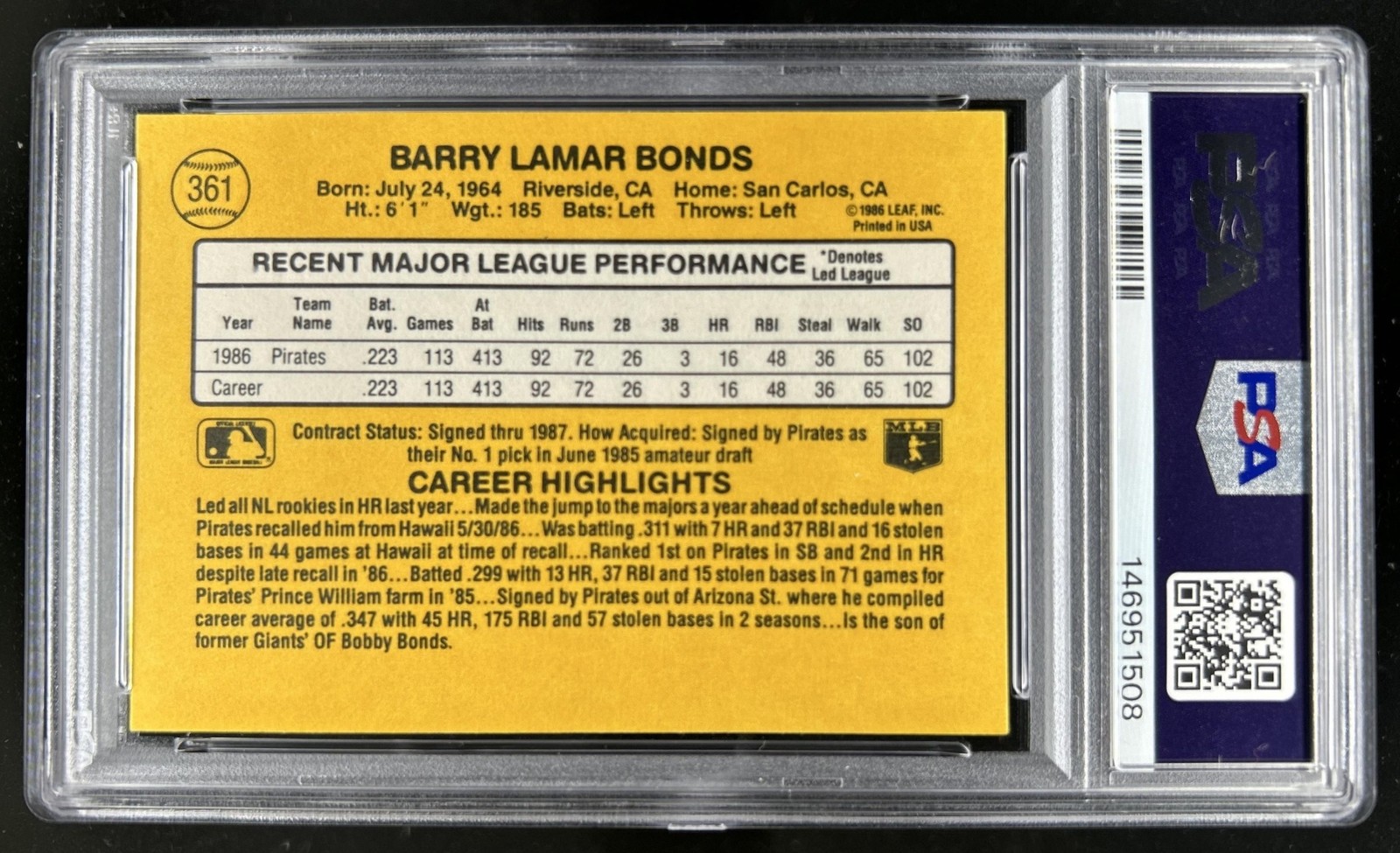 1987 Donruss Barry Bonds RC #361 Pirates PSA 9 Rookie view 2