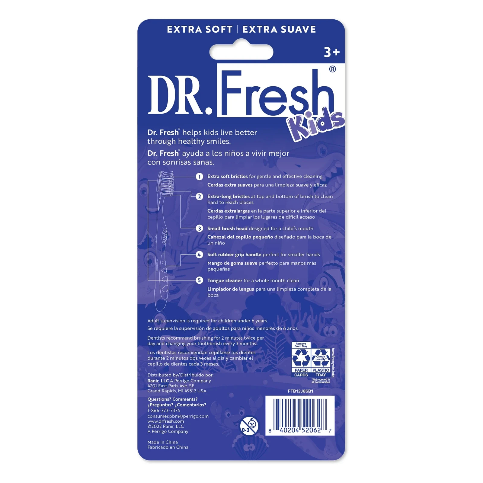 Dr. Fresh Brand Kids Non-Slip Handle Toothbrushes with Tongue Cleaner, Soft,5 CT