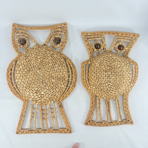 Panier hibou tissé artisanal à suspendre murale trivet boho rustique automne 1970 - Photo 2/6