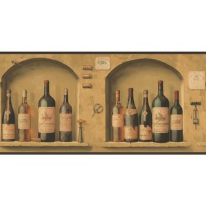 Wallpaper-Border-Wine-Bottles-in-Alcove-on-Tan-Brown-with-Black-Trim
