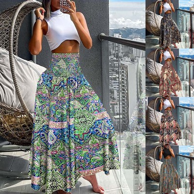 Women's Boho High Elastic Waist Floral Gypsy Maxi Skirts Long Summer Beach Dress | eBay Women's Boho High Elastic Waist Floral Gypsy Maxi Skirts Long Summer Beach Dress | eBay