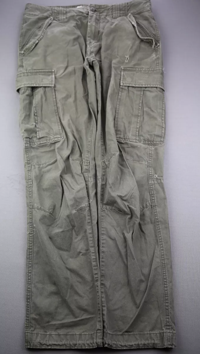 Men's H&M LOGG Canvas Cargo Pants Green Distressed 100% Cotton Size 33x30