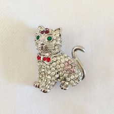 New Clear Crystal Meowing Cat Kitten w/ Red Bow Tie Lucky Brooch Pin Pet BR1369