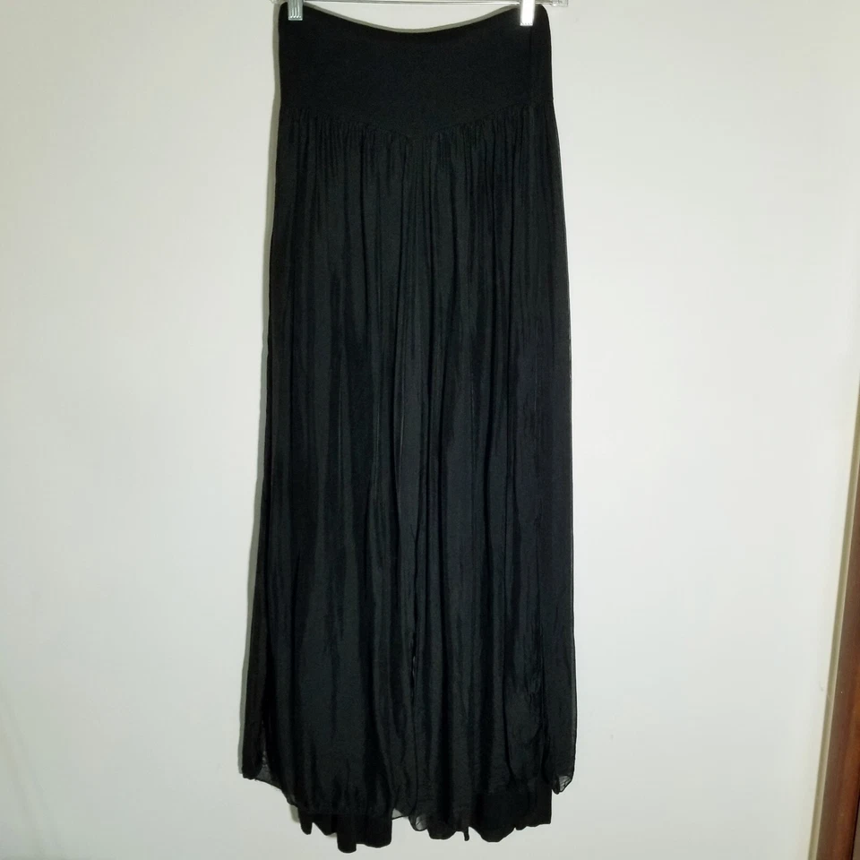 Pantalones Genie Palazzo Talla Pequeña Negro Seda Pull On Capas Pierna Ancha Bruja Foto 3 de 4