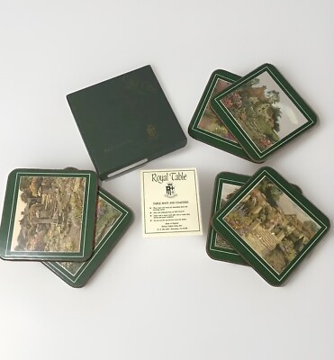 VTG 6 ct Royal Table Cottage Garden Coasters England Satin Finish Cork Back Box