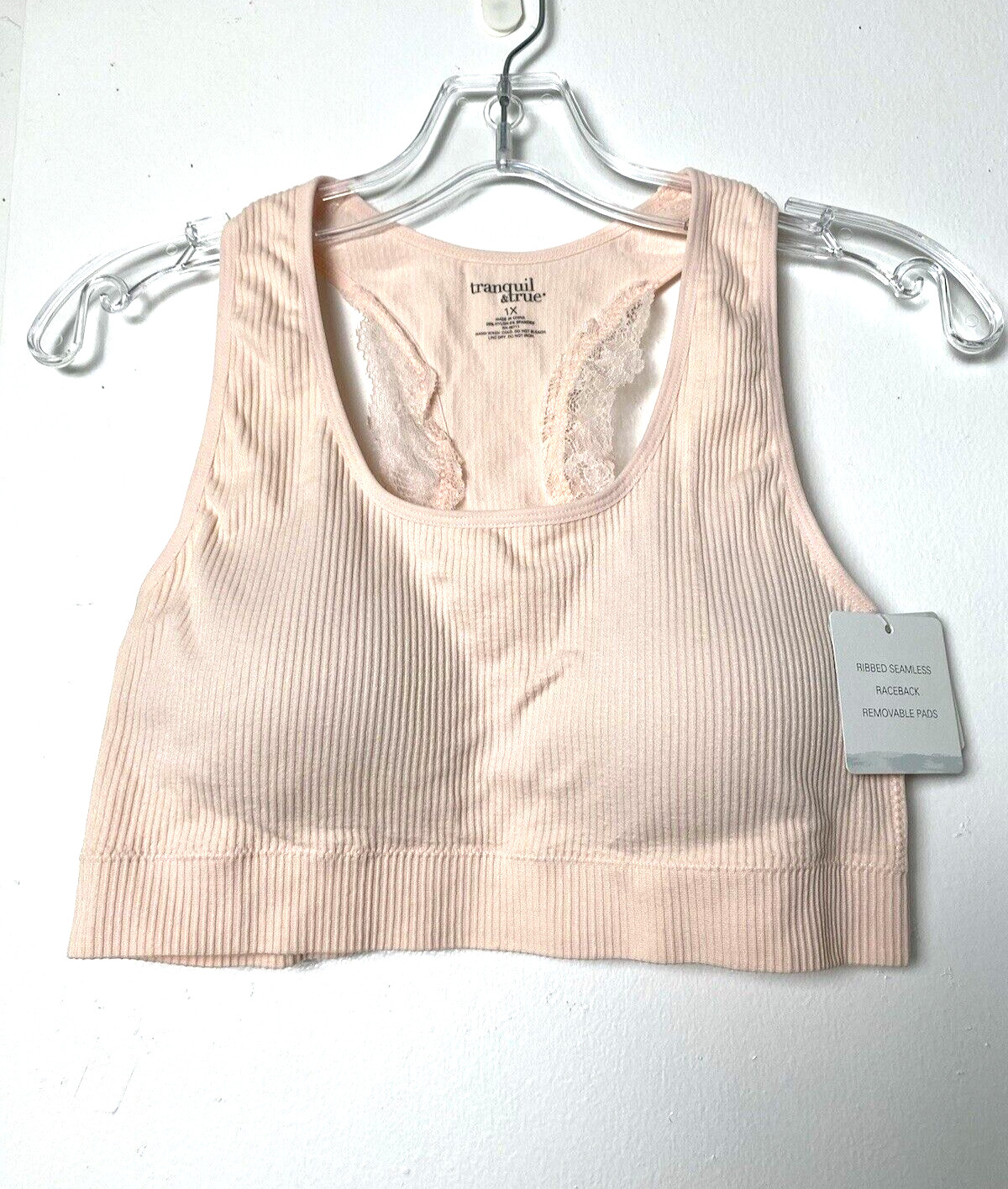 Tranquil & True Bra Women's Bralette Size 1X Pink Natural Pastel Stretch Lace