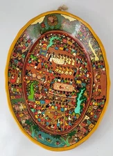 Vtg Mexican Folk Art Story Plate Bowl Tray Hand Painted Clay Wedding Celebration