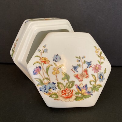 Aynsley Cottage Garden Trinket Box & Lid - Fine English Bone China Hexagonal