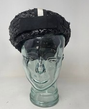 Vintage 1950s Black Plastic Straw Beret Hat Grosgrain Ribbon Trim One Size