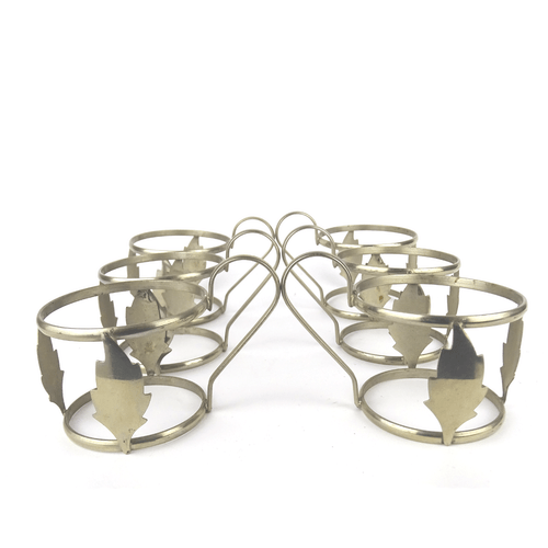 6x Tee Glashalter mit Jenaer Glass, Blatt-Dekor Metall vernickelt, Jugendstil - Bild 6 von 12