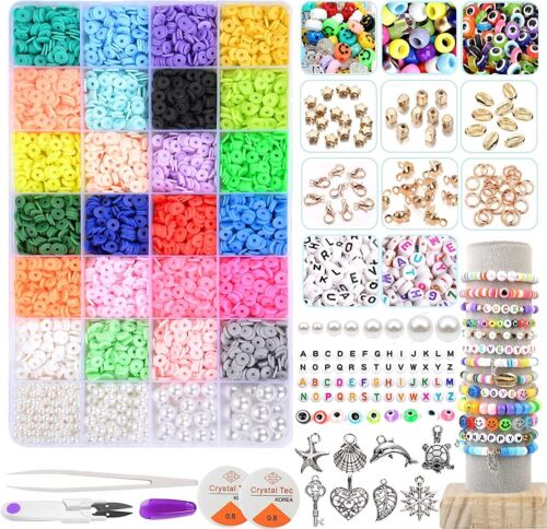 6800 perles d'argile kit de fabrication de bracelet 24 couleurs espaceur perles plates pour enfants bijoux - Photo 1 sur 12