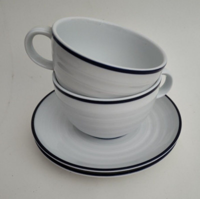 Create & Barrel Spal Porcelain 2 Large Cups and Saucers Blue Trim Portugal