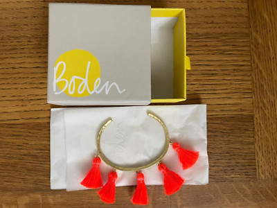 BNIB Boden Neon Coral Tassel Hammered Gold Effect Bangle
