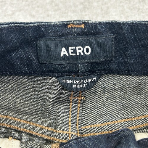 AERO High Rise Jean Shorts Womens 0 Blue Distress Curvy Midi 3" Cuff Stretch NWT - Picture 5 of 9