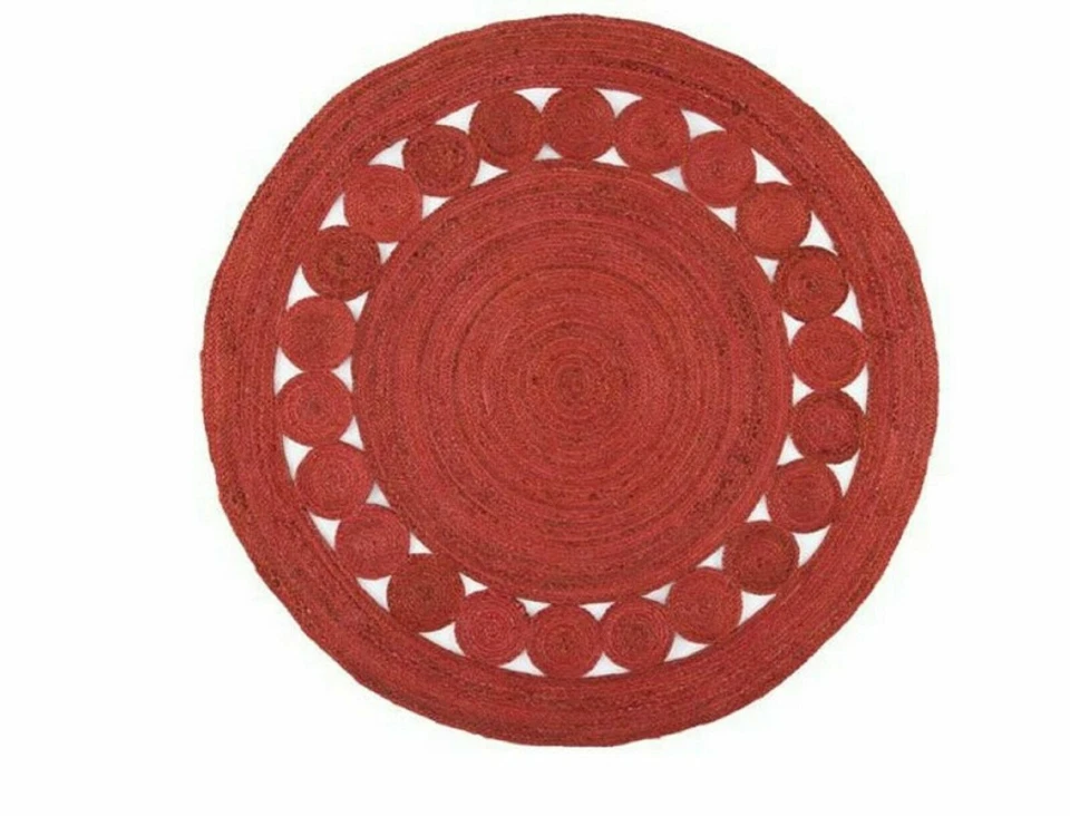 Tapete de juta redondo design círculo vermelho tapete de área de fazenda aparência rústica tapete boho - Imagem 4 de 4
