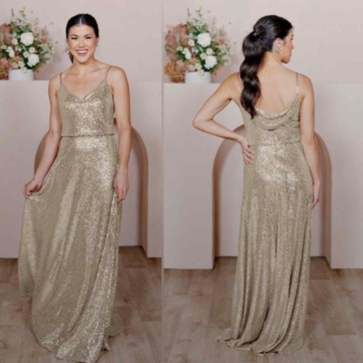 Revelry Dress Hazel Bridesmaid Gown V Neck Drape Back in Sequin Gold