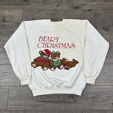 Vintage Christmas Sweatshirt Adult Medium White Beary Christmas Teddy Bear