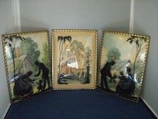 Antique Silhouette Reverse Painted Convex Bubble Glass Litho Pictures - Set of 3