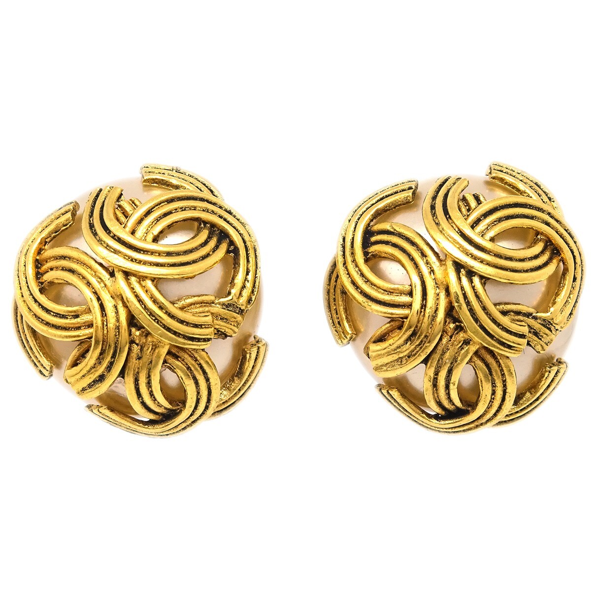 Chanel Gold Triple CC Artificial Pearl Earrings Clip-On 94A 152826