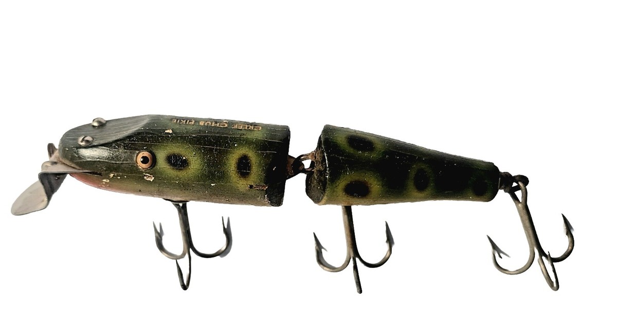 オールドルアー Creek Chub Wee Dee Frog Finish Vintage Creek Chub Pikie Wood Jointed Frog Crankbait 38+yrs Owned