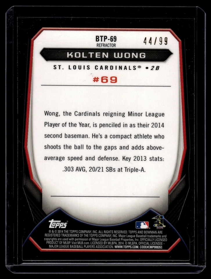 Kolten Wong 2014 Bowman Chrome Top 100 Refractor Card 44/99 #BTP-69 - Image 2 of 2