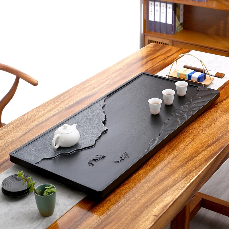 black stone tea tray fish carved serving tray water draining tea table China