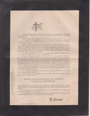 1897 Sterbeurkunde Gräfin von VILLENEUVE geboren in SURVILLE - Lyon (Rhône).