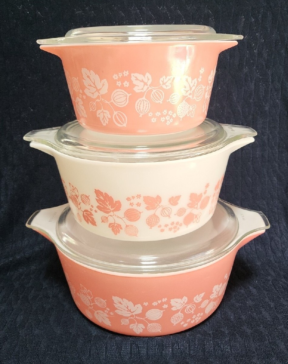 3 Vtg Pyrex Pink White Gooseberry Cinderella Bowls With Lids #473