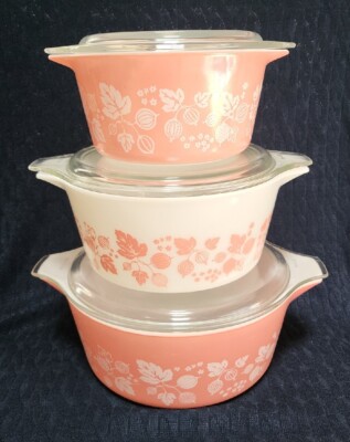 3 Vtg Pyrex Pink White Gooseberry Cinderella Bowls With Lids #473