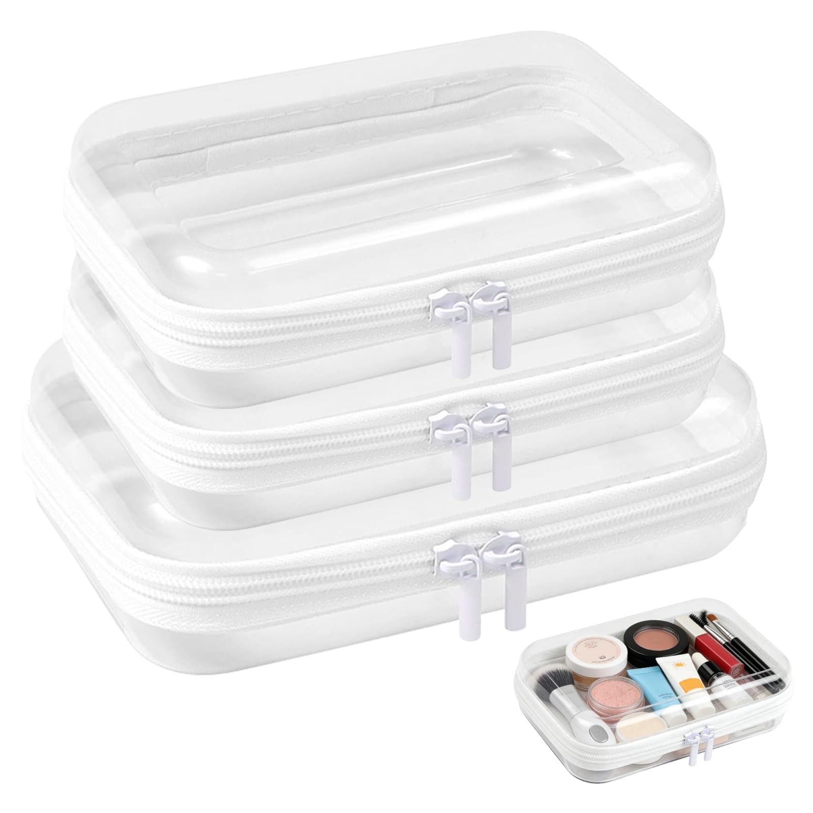 3 PCS Clear Hard Shell Zipper Cases Transparent Waterproof Toiletry Toys Bags