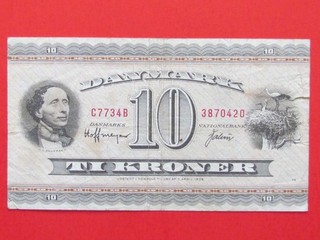 DENMARK ( 1936 RARE SCARCE ) 10 KRONER HIGH COLLECTABLE RARE BANKNOTE GVF