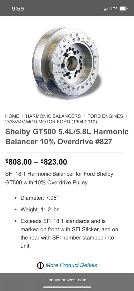Equilibrador armónico Shelby GT500 5,4 L/5,8 L 10 % Overdrive #827 Foto 4 de 4