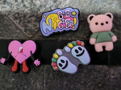 4 Croc Shoe Charms BE NICE * Teddy Bear * Bare Feet * Heart