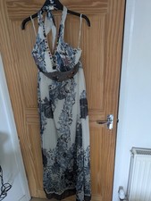 TU Women’s White/Blue Floral Halter Maxi Dress Chiffon Beaded Smocked M