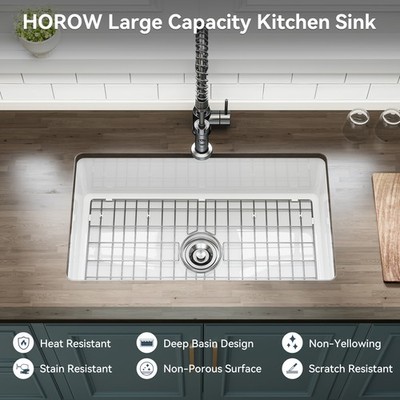 HOROW Undermount Kitchen Sink 32 Inch Fireclay Single Bowl Topmount Deep Basin