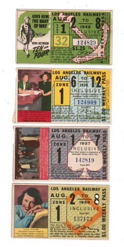 4 Los Angeles California Railway Pass Tickets August 1937 1936 1939 1942