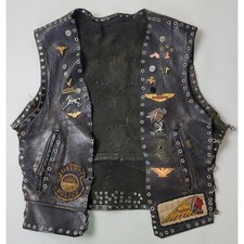 Vintage Leather Biker Vest Harley Davidson Indian Motorcycle Pins Patches Black