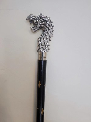 Silber Drachenkopf Gehstock Gothic Schwarz Stock Metallgriff Fantasy Cosplay