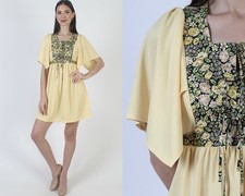 Vintage Yellow Prairie Dress Calico Floral Flutter Bell Slv Boho Mini Sundress