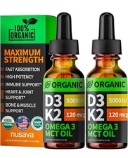 2 Pack Organic Vitamin D3 K2 Drops with MCT Oil, Omega 3, 5000 IU - Vitamin D