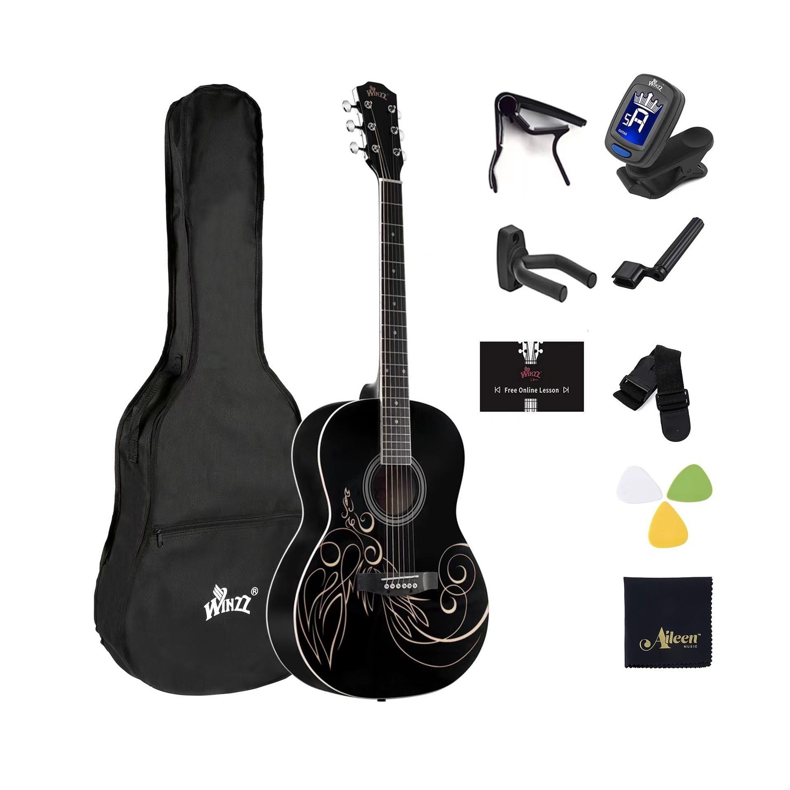 WINZZ AF227A 39 Inches Concert Acoustic Acustica Guitar with Full Kit, Delica